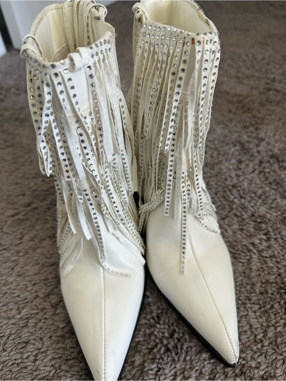 Fringed Studded Pointed-Toe Women's Boots - Cream and Silver Bridal Bachelorette